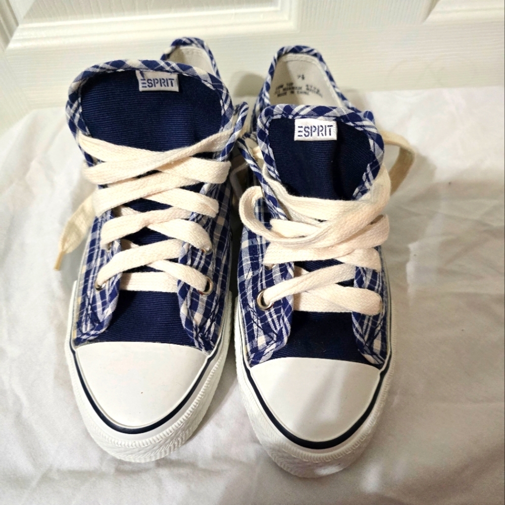 Y2K ESPRIT Plaid Converse Style Low-Top Sneakers, Navy & White, Lace-Up, Sz 7.5. - Picture 2 of 8